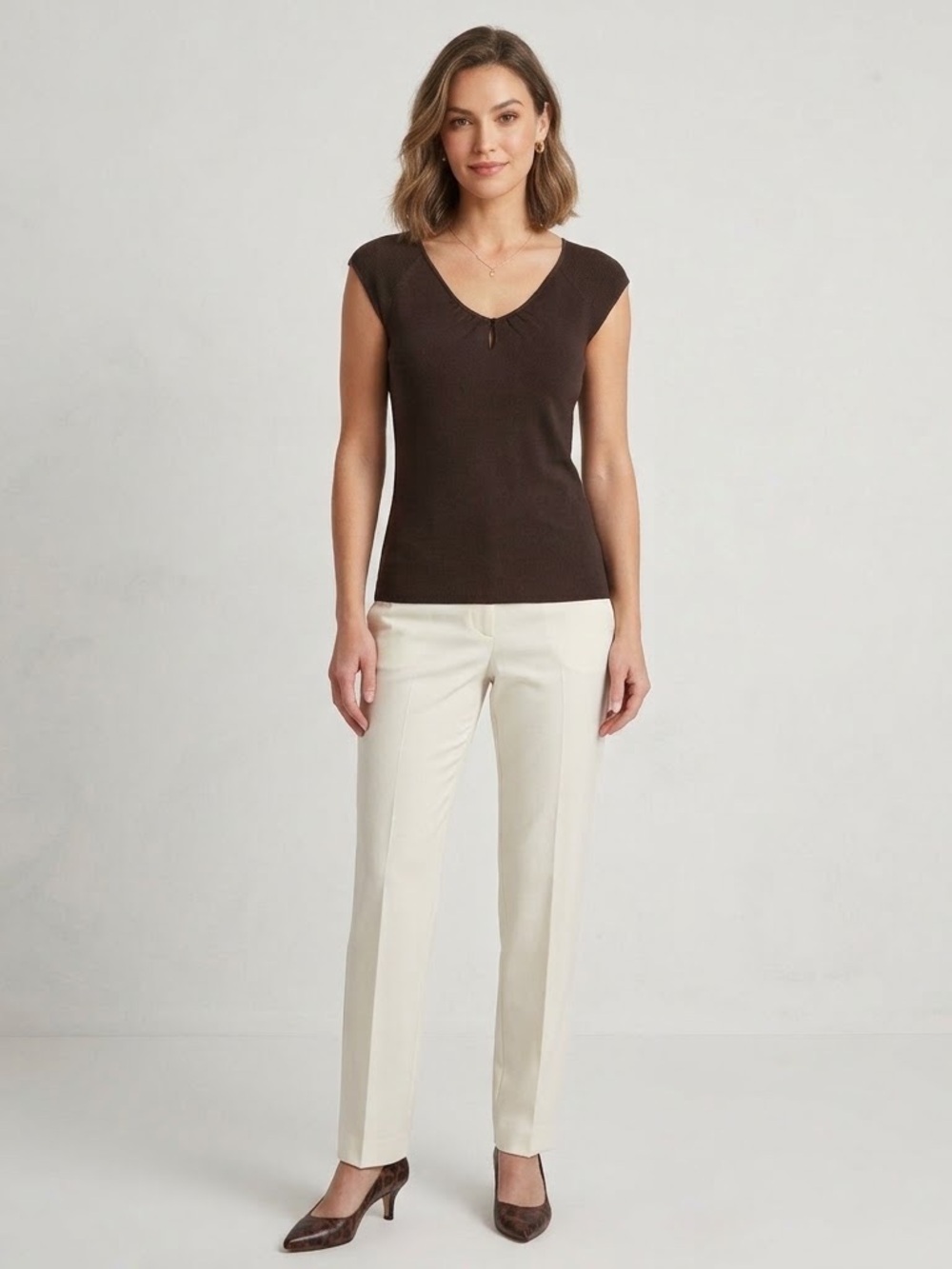 LOFT Brown Knit Top with Cream Straight-Leg Trousers